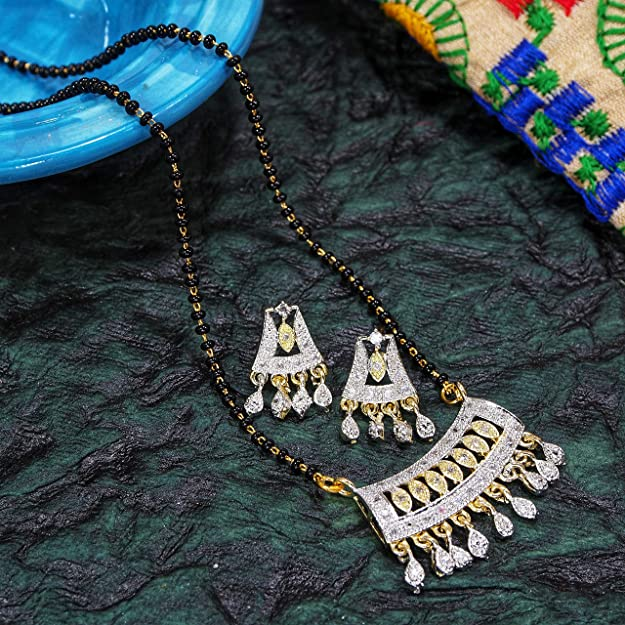 American Diamond Mangalsutra Necklace, Gold-Plated, Black Beaded Chain, Traditional Design