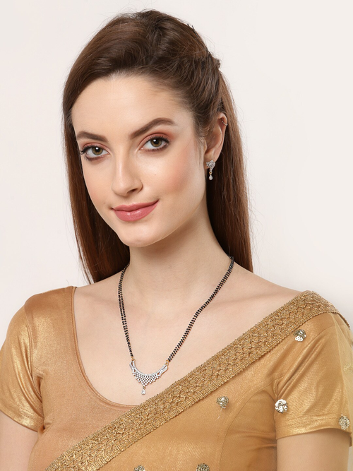 ZENEME Gold-Plated White & Black Stone-Studded & Beaded Designer Mangalsutra Set