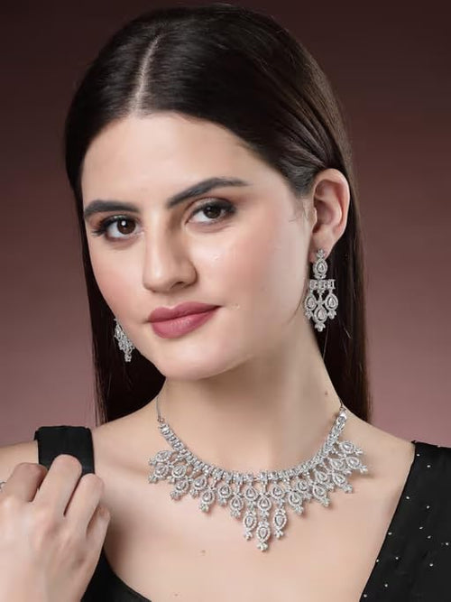 Mrinmayi Womens Jewelry Set, Bridal Cubic Zirconia Alloy Steel Traditional Silver with Necklace and Earrings, Enamel Finish, Adjustable
