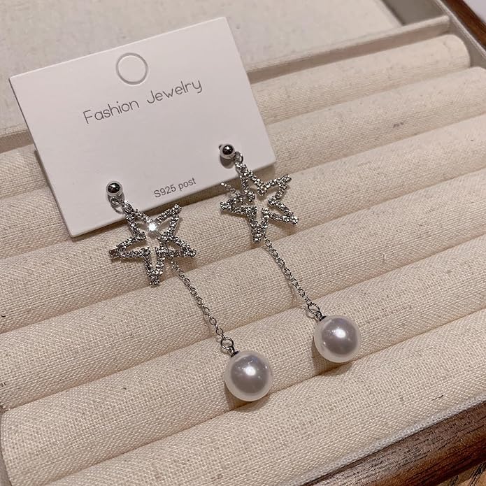 DIVASTRI Silver-Plated American Diamond Studded Korean Star Shaped Drop Earrings