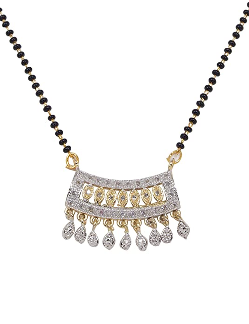 American Diamond Mangalsutra Necklace, Gold-Plated, Black Beaded Chain, Traditional Design