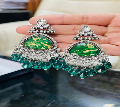 OPUS GEMS Artificial Stones Studded & Beaded Teardrop Shaped Drop Earrings