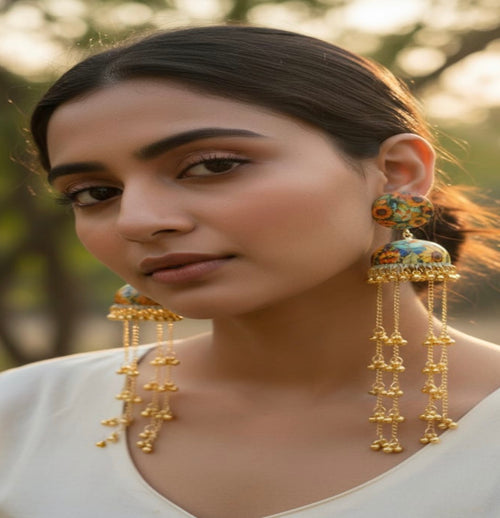 Traditional Kashmiri Printed Multicolor Floral Jhumka Earrings