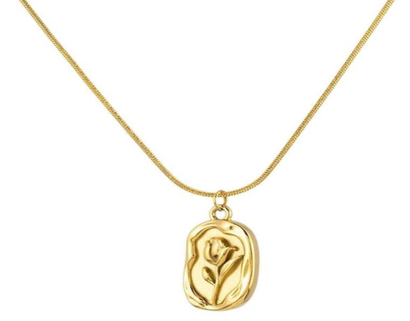 Vintage-Style Embossed Tulip Flower Medallion Necklace with Snake Chain