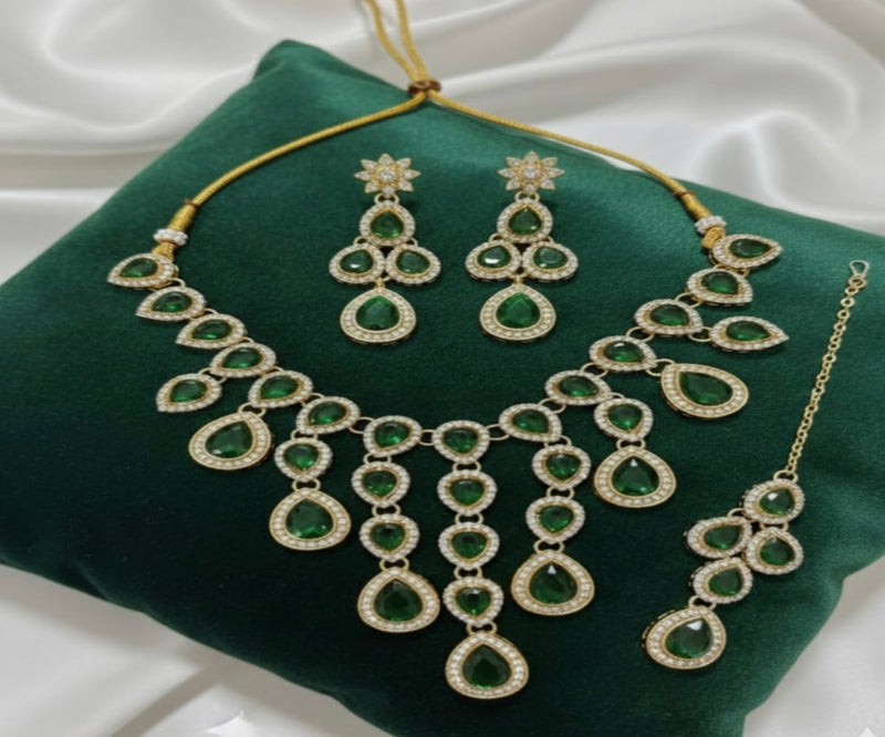 Royal Emerald & American Diamond (AD) Bridal Jewellery Set with Matching Earrings and Maang Tikka
