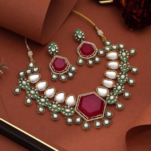 Maroon color kundan necklace set