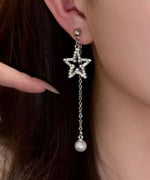 DIVASTRI Silver-Plated American Diamond Studded Korean Star Shaped Drop Earrings