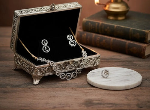 ZENEME Fashion Cubic Zirconia Gold Plated Choker Necklace Set Ring Bracelet With Earring Jewellery For Women Pack Of 4