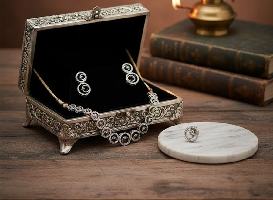 ZENEME Fashion Cubic Zirconia Gold Plated Choker Necklace Set Ring Bracelet With Earring Jewellery For Women Pack Of 4