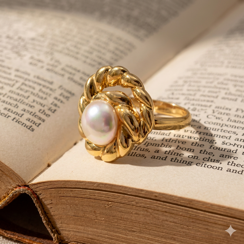 Gold-Plated Twisted Rope Pearl Cocktail Ring