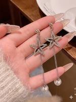 DIVASTRI Silver-Plated American Diamond Studded Korean Star Shaped Drop Earrings