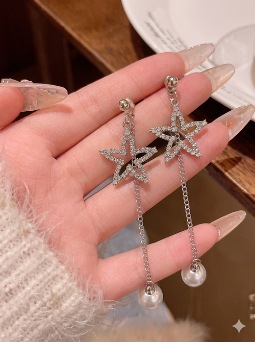 DIVASTRI Silver-Plated American Diamond Studded Korean Star Shaped Drop Earrings
