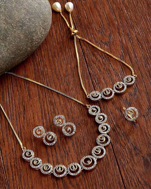 ZENEME Fashion Cubic Zirconia Gold Plated Choker Necklace Set Ring Bracelet With Earring Jewellery For Women Pack Of 4