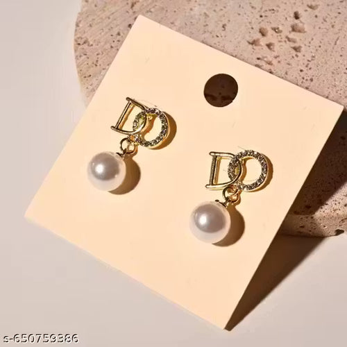Luxury Pearl Ball Drop Earrings | Gold Letter D Sparkle Studs | Elegant Women's Dangle Earrings | Classy Initial D Crystal Drop Studs for women & girls | Small Droup Earrings