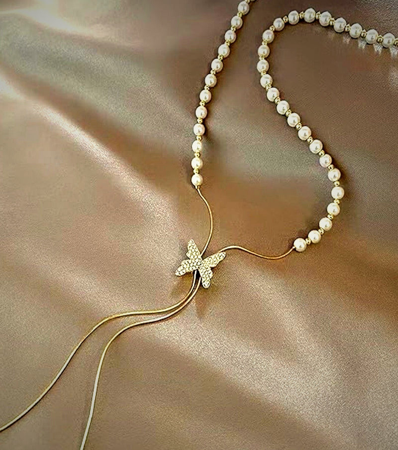 The Vine Girl Long Butterfly Necklace Adjustable Pearl
